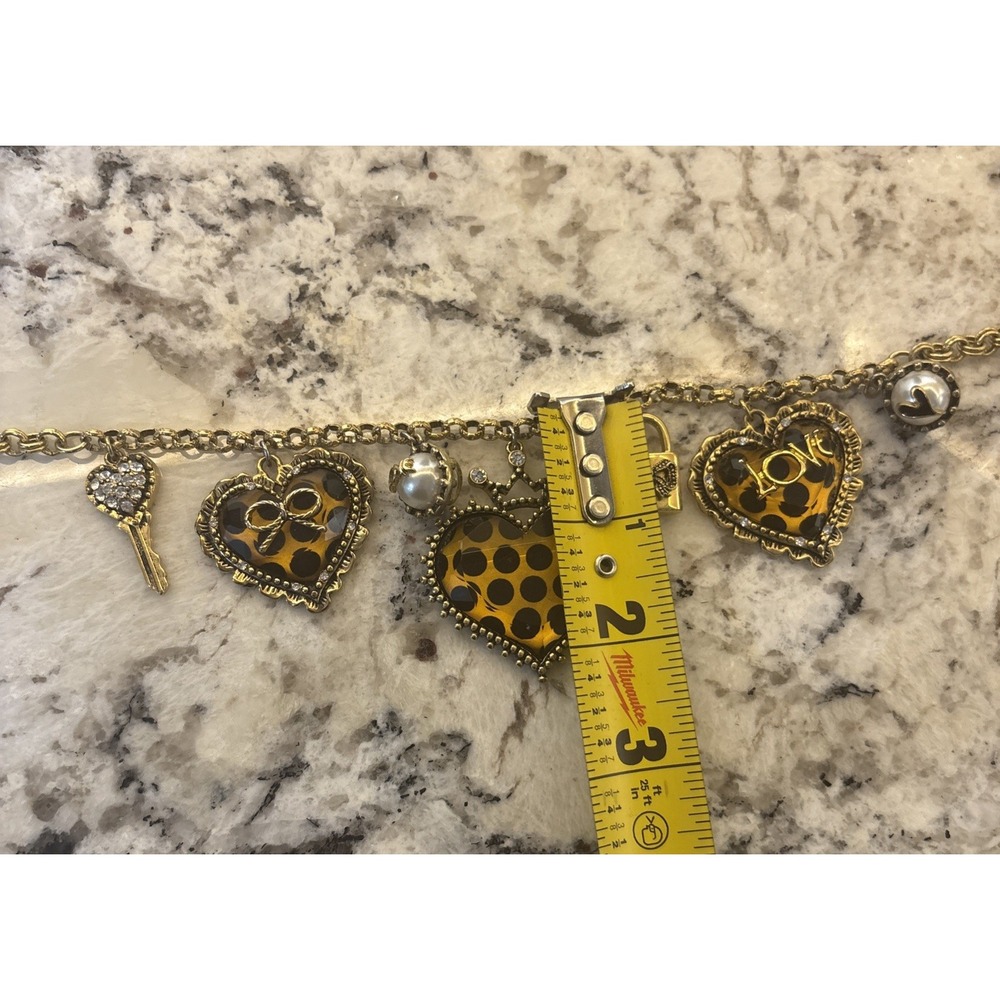 Betsey Johnson Three Heart Leopard Heart Key Rhinestones Locket Pearl Necklace - Picture 15 of 16